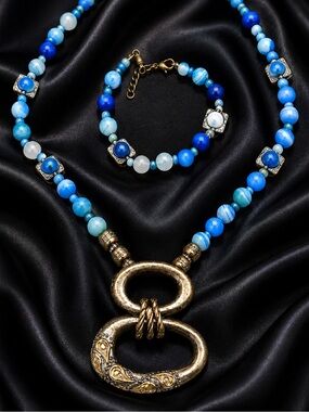 Blue Dyed Agate Necklace & Bracelet with Designer Pendant NWT